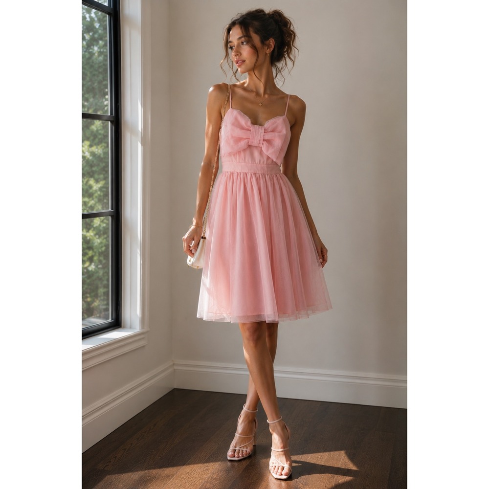 AURA Tulle Bow Midi Dress Womens Small Pink Sweetheart Balletcore Coquette